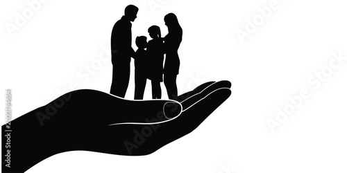 Large protective hand holding family silhouette with parents and children, symbol of safety, care, guardianship concept artwork, flat vector illustration