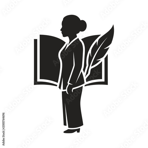 Silhouette of a woman standing next to an open book with a quill