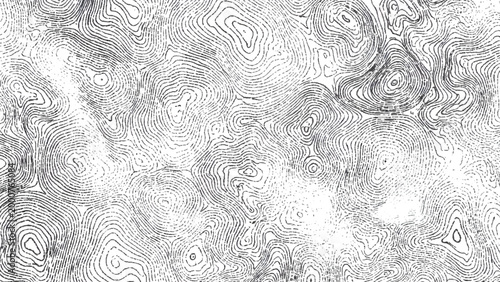 Black and white topographic contour map pattern with wavy lines and swirling shapes