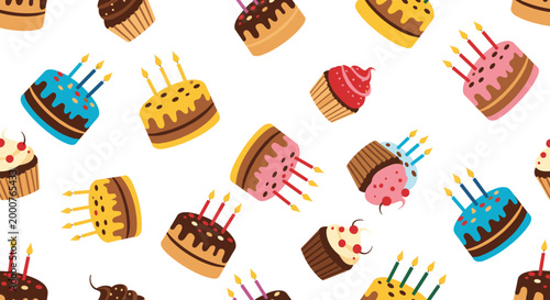 Fun and colorful seamless pattern features various birthday cakes with lit candles and delicious frosted cupcakes on a white background.