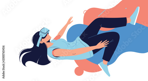 Person wearing a virtual reality headset floats in a digital space filled with abstract blue and orange shapes and futuristic vibes.