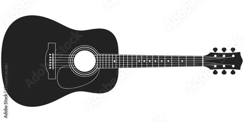 Acoustic guitar silhouette with sound hole, strings, frets, headstock and tuning pegs, musical instrument artwork design, flat vector illustration