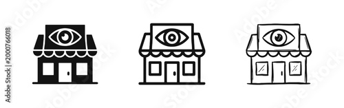 Store visibility and retail monitoring icon set, shop with eye on the signage