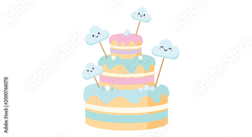 Three-tiered celebration cake is decorated with blue and pink frosting and four cute smiling cloud toppers on a white background.
