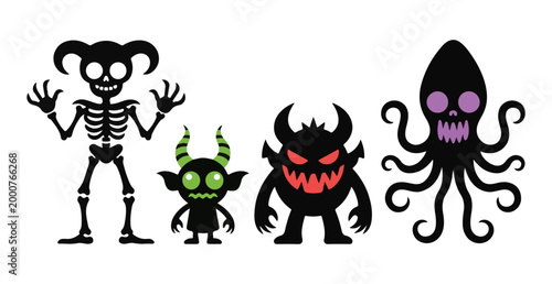Set of black silhouettes featuring scary monsters and fantasy creatures isolated on white background.