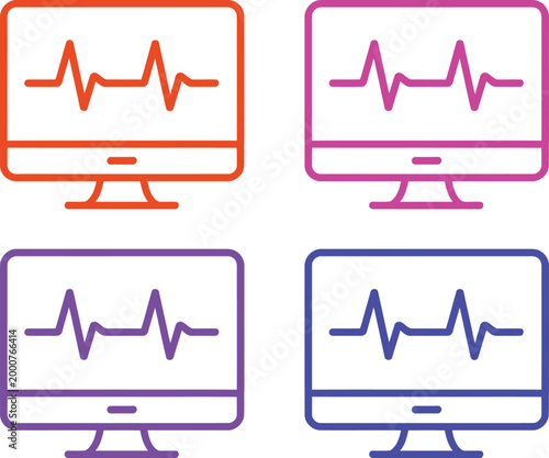 Four computer monitors displaying different electrocardiogram waveforms with varied colors