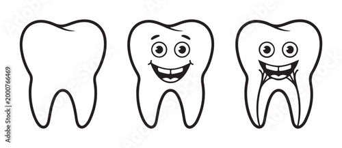 Dental hygiene concept clean tooth cartoon drawing, tooth stages, dentist care illustration outline.