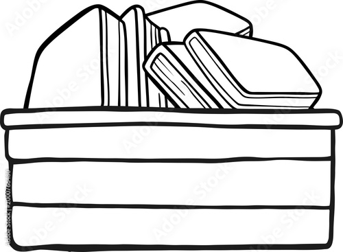 Stack of Books in Wooden Crate Black and White Hand Drawn Illustration