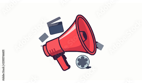 Cartoon red megaphone with cinema elements flat vector for movie production concept banner design