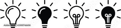 A set of four minimalist light bulb icons in black and white, representing ideas and innovation. The collection features outline and solid versions, some with visible filaments and shining light rays.