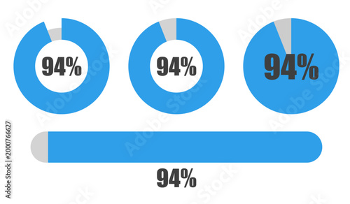 94％の円グラフとプログレスバーセット パーセンテージ表示アイコン素材94 Percent Chart and Progress Bar Set Circle Graph and UI Elements
