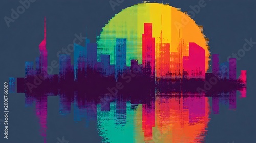 Spectacular AI-generated artwork of a glowing futuristic skyline with a vibrant sunset, reflected in calm waters, showcasing a pixelated aesthetic and dynamic color palette.