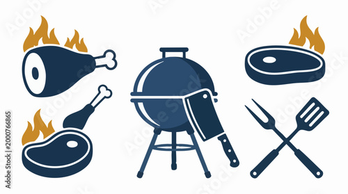 Grilling and BBQ vector icons: meat, grill, fork, spatula, cleaver