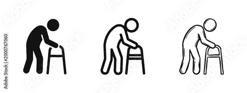 Elderly Care and Mobility Support Icons with Senior Using Walker