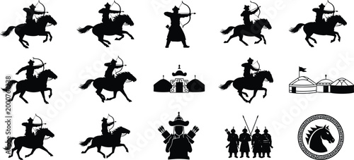 Mongolian warrior silhouettes, mounted archers, foot archer, spear soldiers, yurts, horse emblem, traditional culture, nomadic heritage, Central Asian battle illustration