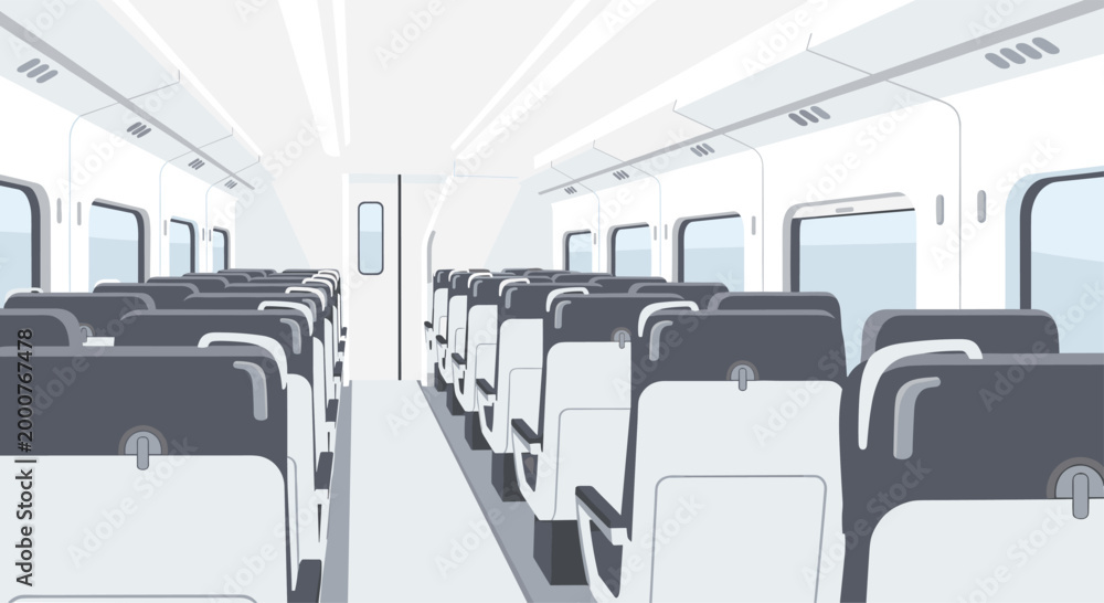 Fototapeta premium The interior cabin of a modern passenger train featuring rows of dark gray seats and neutral flooring captured in a minimalist flat vector illustration style.