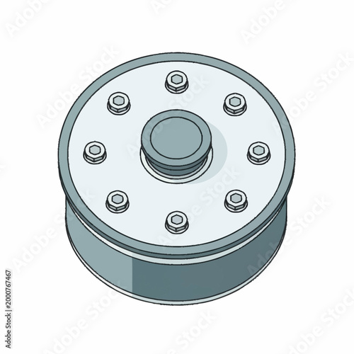 Close up of a mechanical pulley system component with bolts.