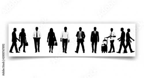 Silhouettes of diverse people walking in a line against a white background.