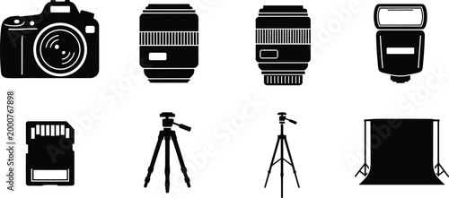 Photography equipment silhouettes, digital camera, lenses, external flash, memory card, tripods, backdrop setup, professional gear, hobbyist tools illustration