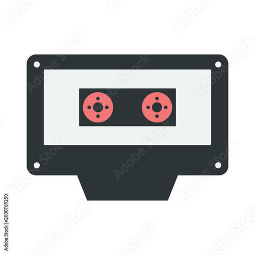 A graphic illustration of a cassette tape on a white background with a black border.
