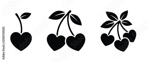 Black silhouette icons of single and multiple cherries with leaves