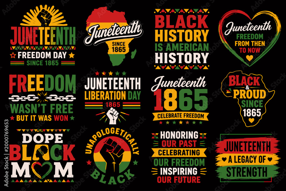 Fototapeta premium A collection of twelve vibrant Juneteenth-themed graphic designs celebrating freedom, Black history, and pride, featuring text, symbols, and Pan-African colors.