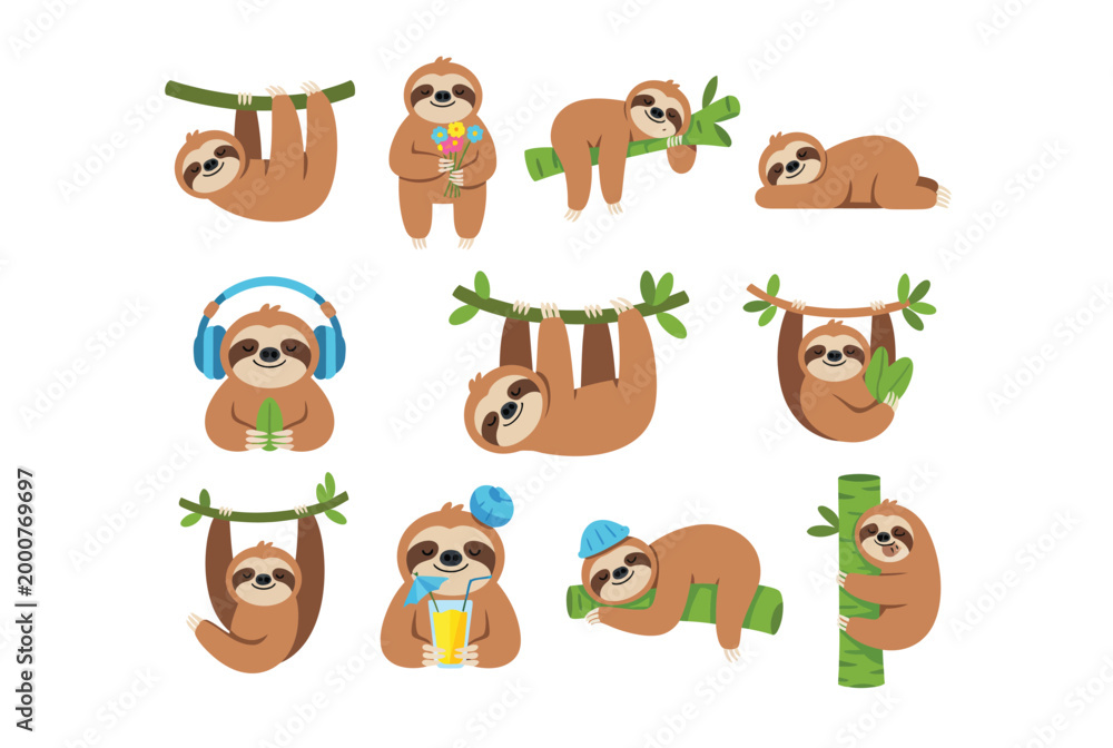 Obraz premium Cute Sloth Hanging on Tree Branch Cartoon Illustration
