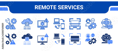 Remote Services Icon Collection,  featuring Remote Access, Online Support, Tech Support, Helpdesk Agent, Troubleshoot, Scan, Support Ticket.