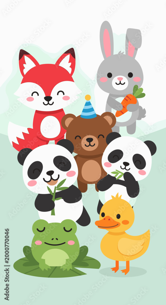 Naklejka premium A charming collection of cute cartoon animals, including a fox, bear, panda, rabbit, duckling, and frog, gathered together in a whimsical, light green setting, possibly for a celebration.