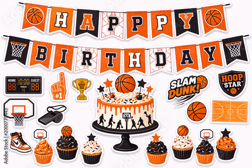 A vibrant basketball-themed Happy Birthday party decoration set featuring a banner, cake, cupcakes, and various sports-related cutouts.