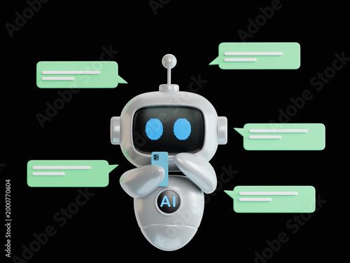 3D illustration of ai robot use smartphone over white background with green text bubbles.AI robot business Concept.3D rendering on black Screen for footage and clipping path.