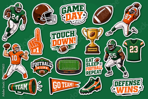 A vibrant collection of American football-themed stickers and badges featuring players, equipment, and motivational phrases on a green background.