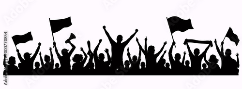 Silhouette of a large, excited crowd of people cheering with raised arms, some holding flags, a megaphone, and a scarf, depicting a rally, protest, or celebration.