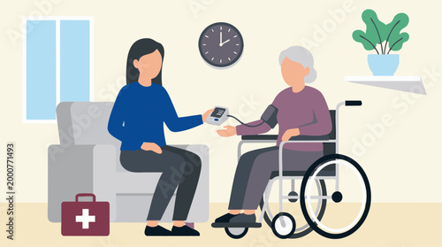 Caregiver taking blood pressure of senior woman in wheelchair at home