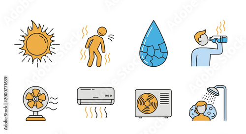 Extreme Heat Icon Set with Sun Fan Air Conditioner and Water Drop
