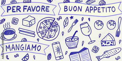 hand drawn illustration of italian food items with phrases on banners high quality professional detailed