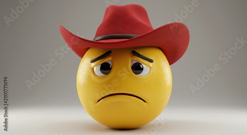 A sad yellow emoticon wearing a red cowboy hat looks down