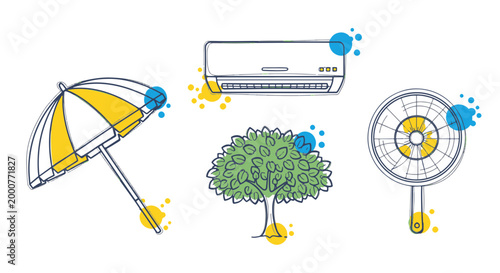 Summer Cooling Extreme Heat Icon Set with Umbrella Air Conditioner and Fan