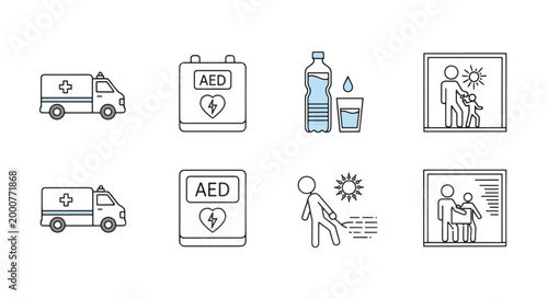 Ambulance Aed Bottle with Water Glass Extreme Heat Icon Set