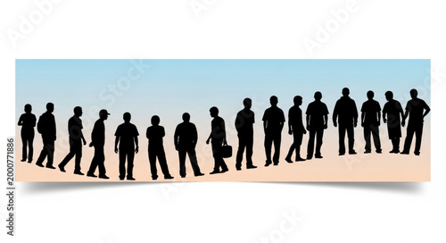 Silhouettes of people standing in a line against a blue sky background.
