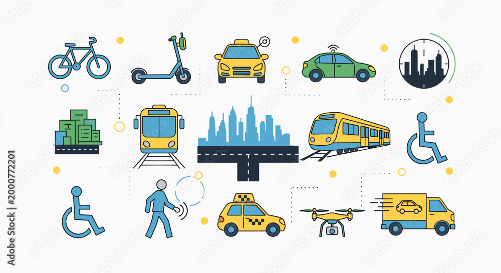 Fototapeta premium Diverse collection of modern transportation methods and urban mobility concepts, including bicycles, scooters, cars, trains, drones, and accessibility symbols.
