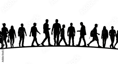 Silhouettes of people walking in a line against a white background.