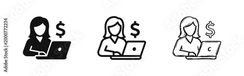 Business woman working on laptop with dollar income icon set