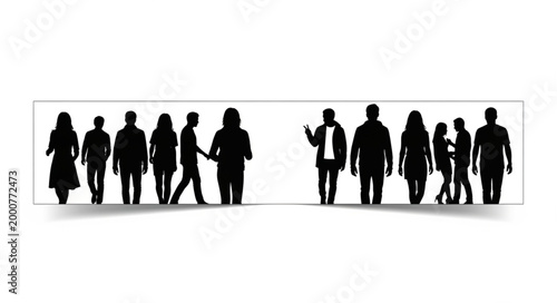 Silhouettes of people walking in opposite directions.