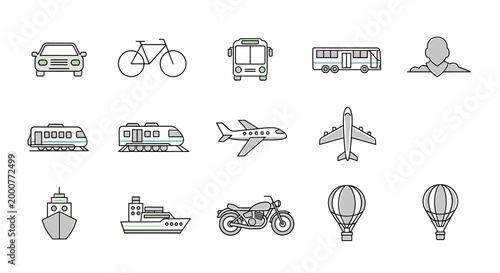 A collection of various transportation icons including cars, bicycles, buses, trains, airplanes, ships, motorcycles, and hot air balloons, presented in a clean, outlined style.