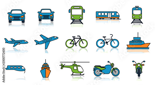 A vibrant collection of diverse transportation vehicles, including cars, trains, airplanes, bicycles, boats, helicopters, and motorcycles, all rendered in a clean, modern iconographic style.