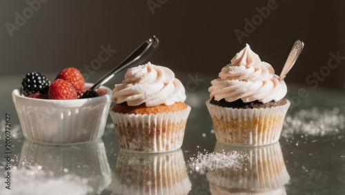 Delicious Cupcakes with Berries and Spoons on a Reflective Surface.