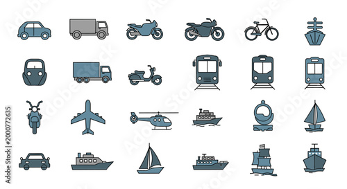 A comprehensive collection of diverse transportation icons, showcasing various modes of travel on land, air, and sea.