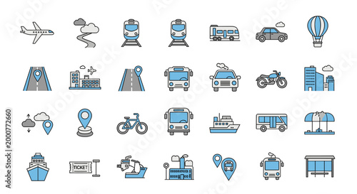 A comprehensive collection of transportation and travel-related icons, featuring various modes of transport and urban elements.
