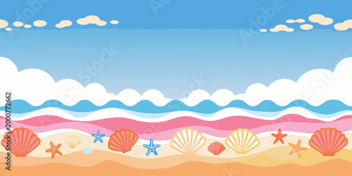 beach scene with colorful shells and starfish under blue sky high quality professional detailed modern
